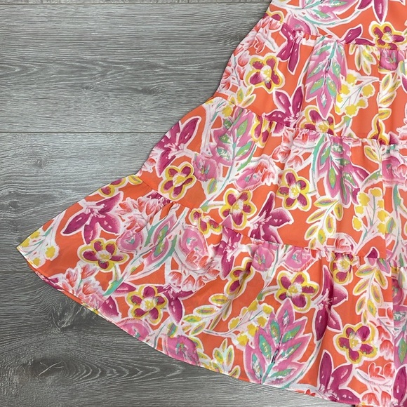 NWOT Chaps Coral Pink Yellow Floral Lined Tiered Chiffon Midi Skirt MP - Picture 4 of 14